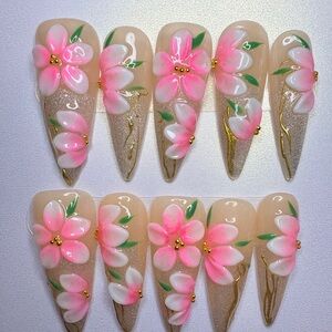 Hand-Painted Pink Floral Press-On Nails